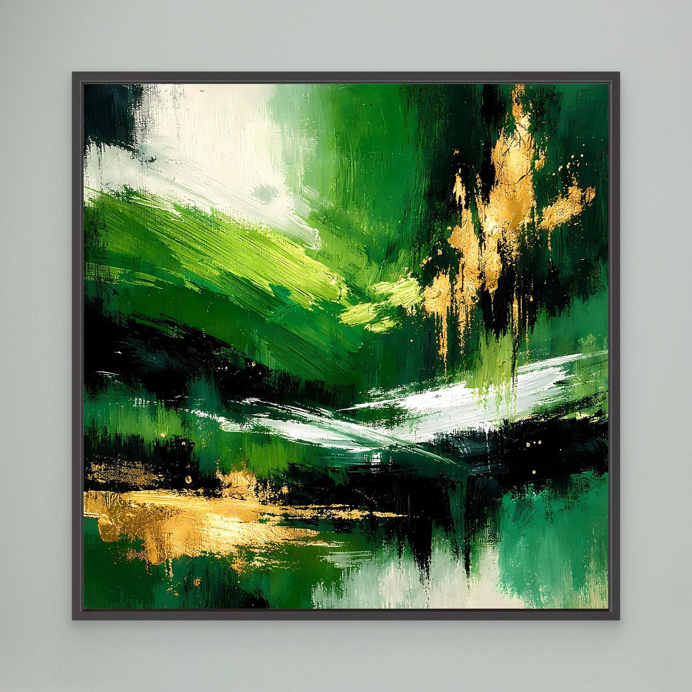 Leinwand Abstraktes Landschaftsgemälde in Smaragdgrün und Gold | Modernes Natur Wandbild