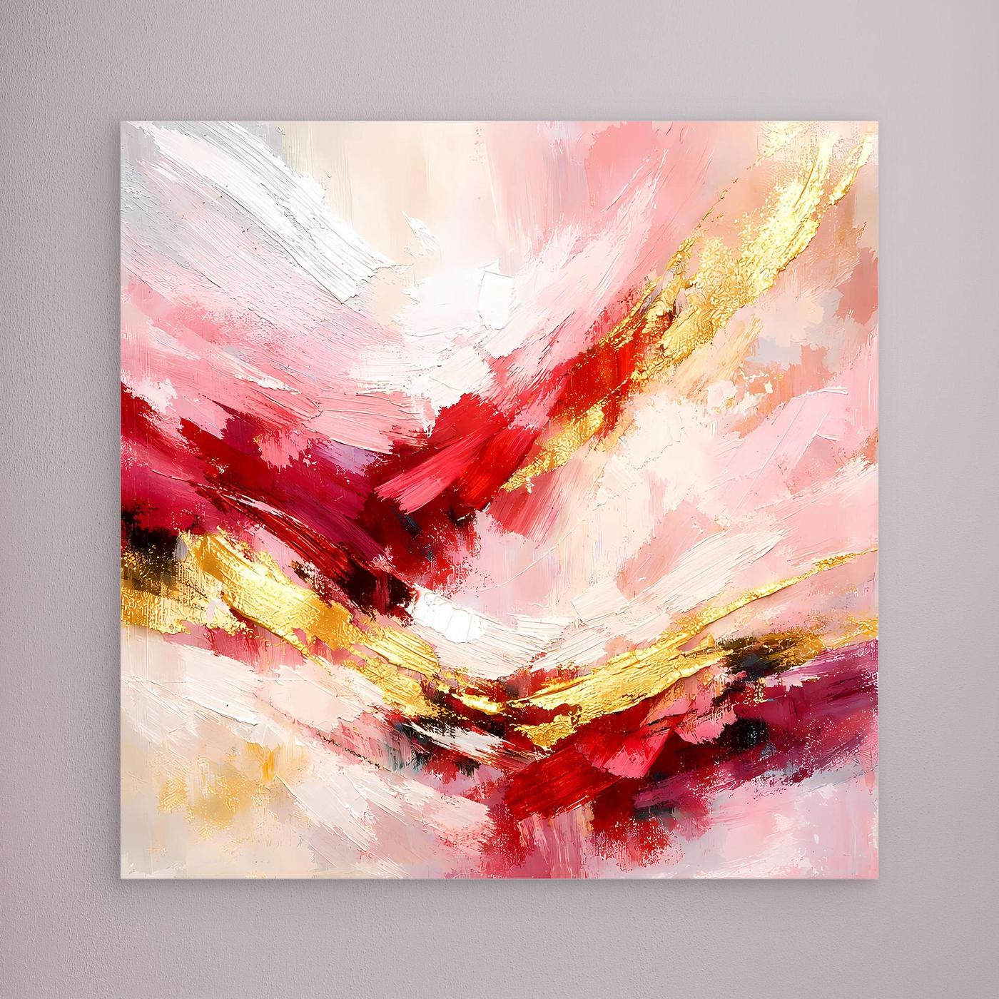 Leinwandbild mit abstrakten Pinselstrichen in Rosé und Rot mit goldenen Akzenten