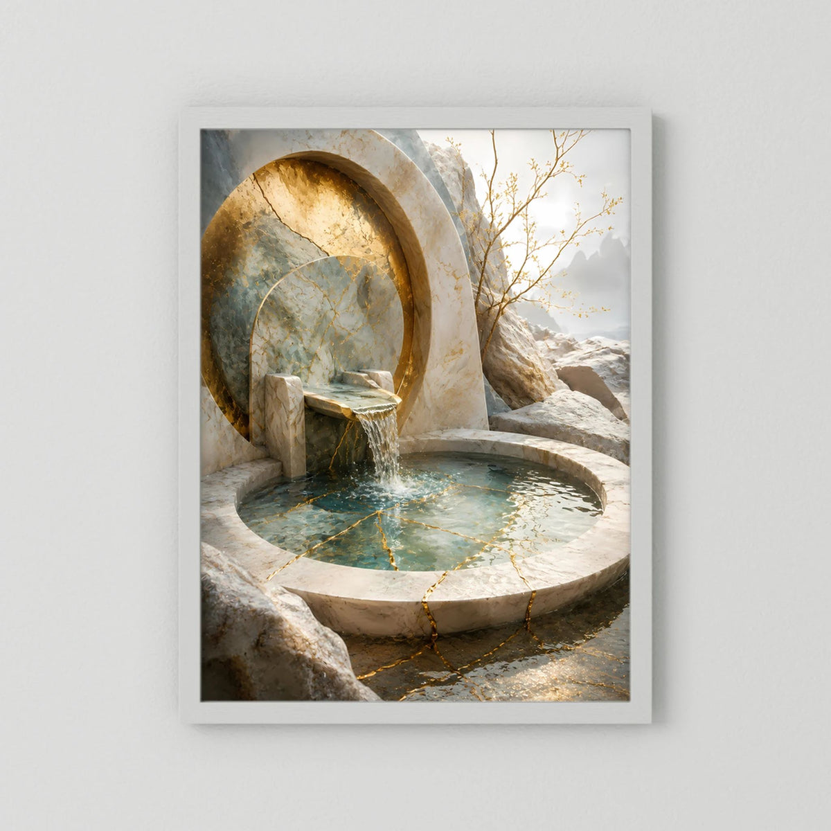 Hochformat-Poster im weißen Rahmen: goldene Felsnische mit Rundbrunnen und türkisfarbenem Wasser