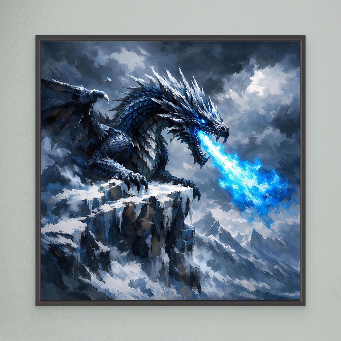 Leinwand Eisdrache auf stürmischem Berggipfel | Episches Fantasy-Wandbild auf echter Leinwand
