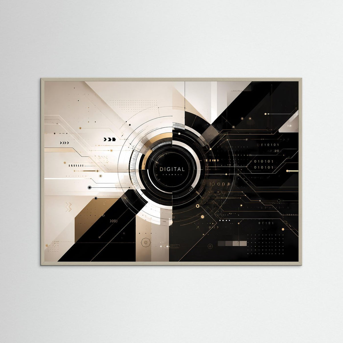 Abstraktes Tech-Poster im Querformat mit Digital-Emblem, hellem Holzrahmen