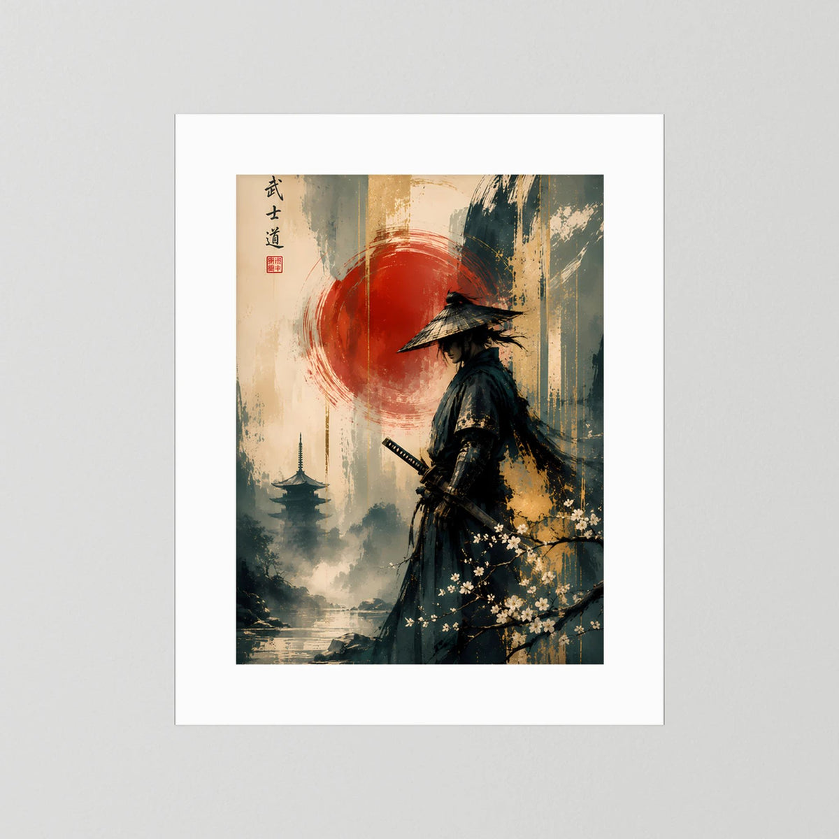 Poster im Hochformat: Samurai-Krieger vor roter Sonne, im weißen Passepartout