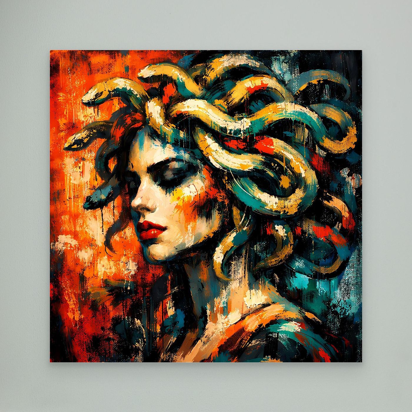 Leinwandbild: abstrakte Medusa, Frauengesicht und Schlangenhaare, ohne Rahmen