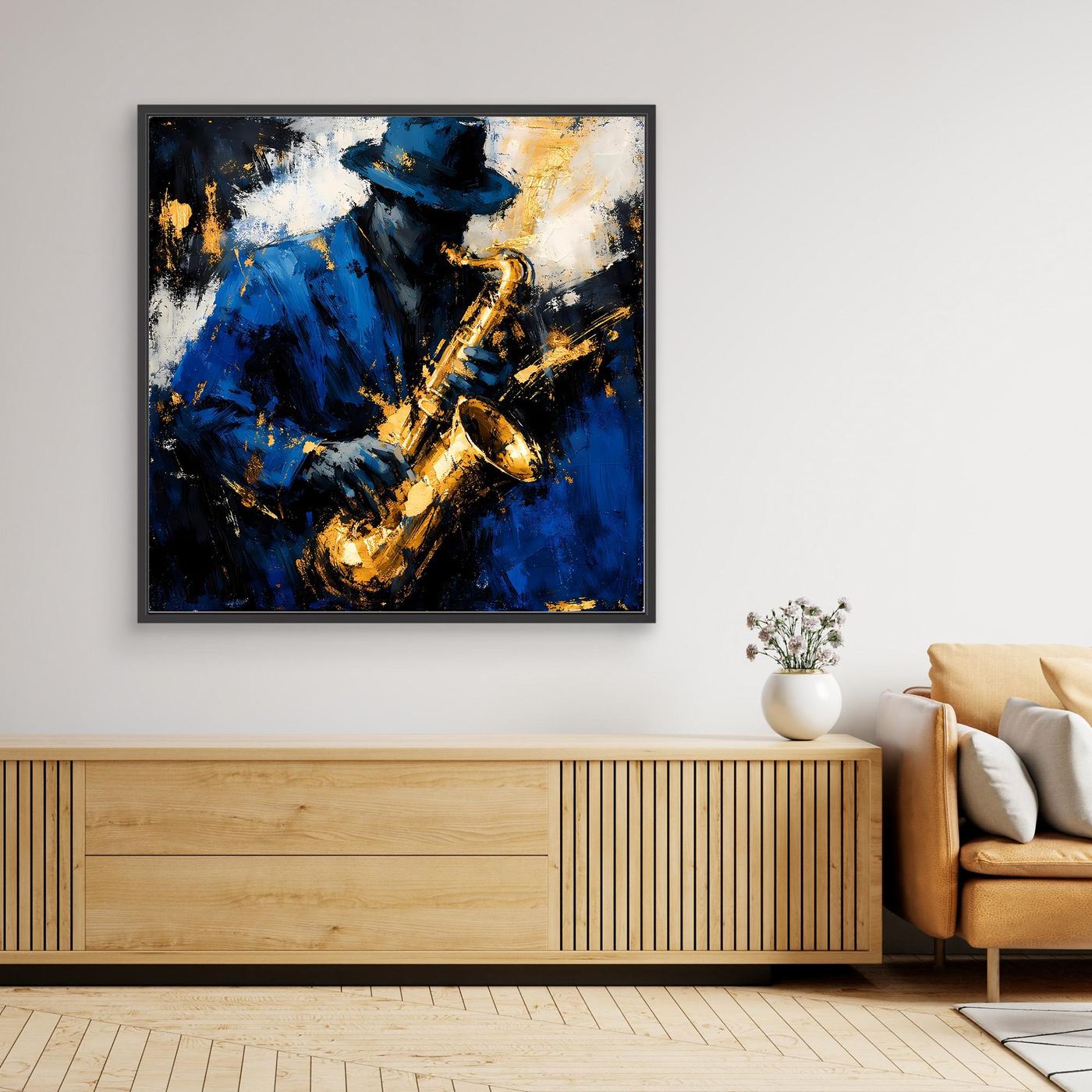 Leinwand Eleganter Jazz-Saxophonist in Blau und Gold | Abstraktes Musik Wandbild