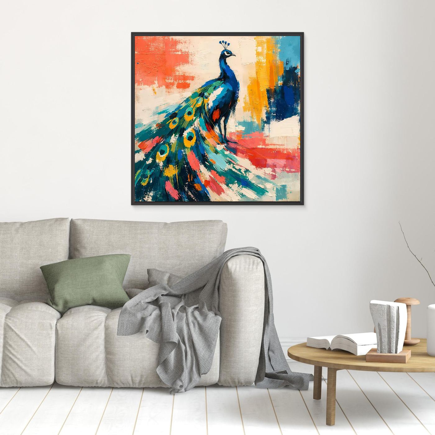Framed canvas abstract peacock wall art with multicolor feathers and black frame