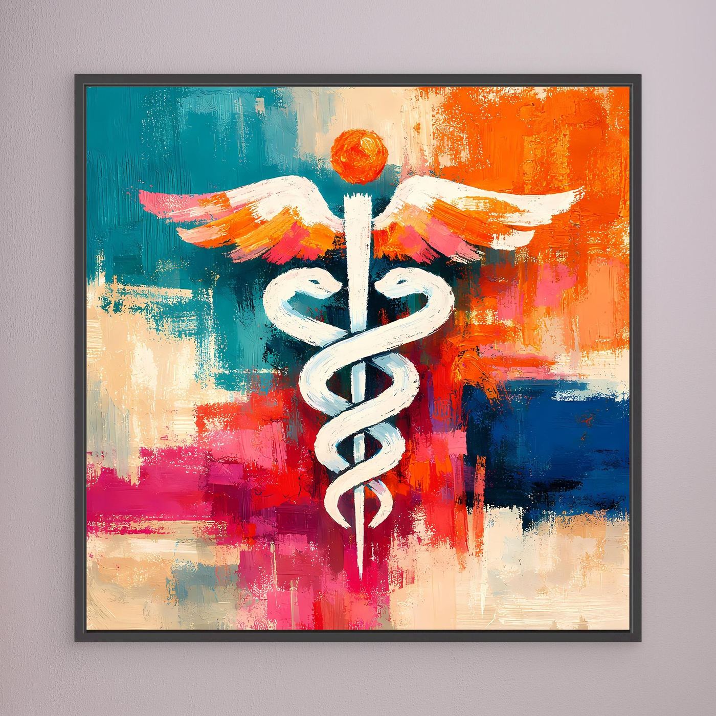 Abstract medical caduceus canvas with wings, colorful brushstrokes, dark frame