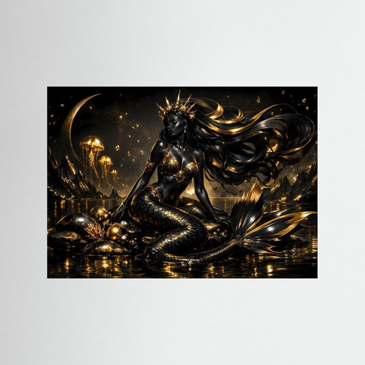 Wandbild Meerjungfrau mit Goldkrone, schwarzem Flossenkleid und goldenen Quallen, querformatig