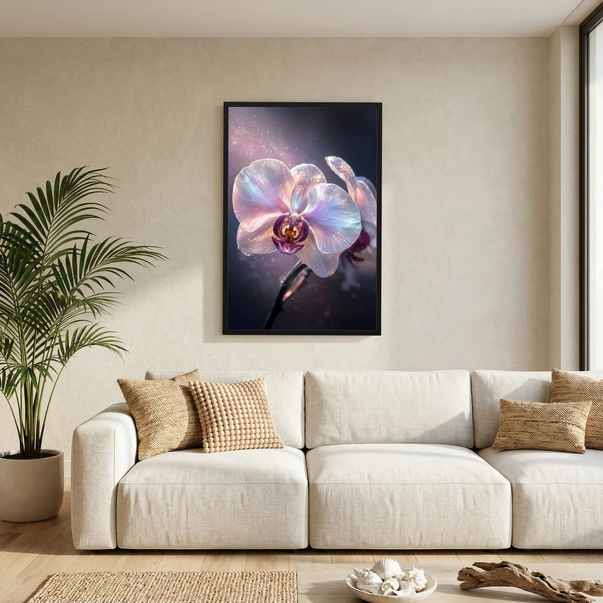Orchideen-Poster im schwarzen Rahmen über Sofa, pastellfarbene Orchideenblüte
