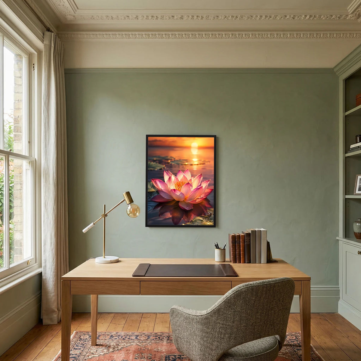 Gerahmtes Hochformat-Poster mit rosa Lotusblüte, orangefarbener Abendsonne und Wasserreflex