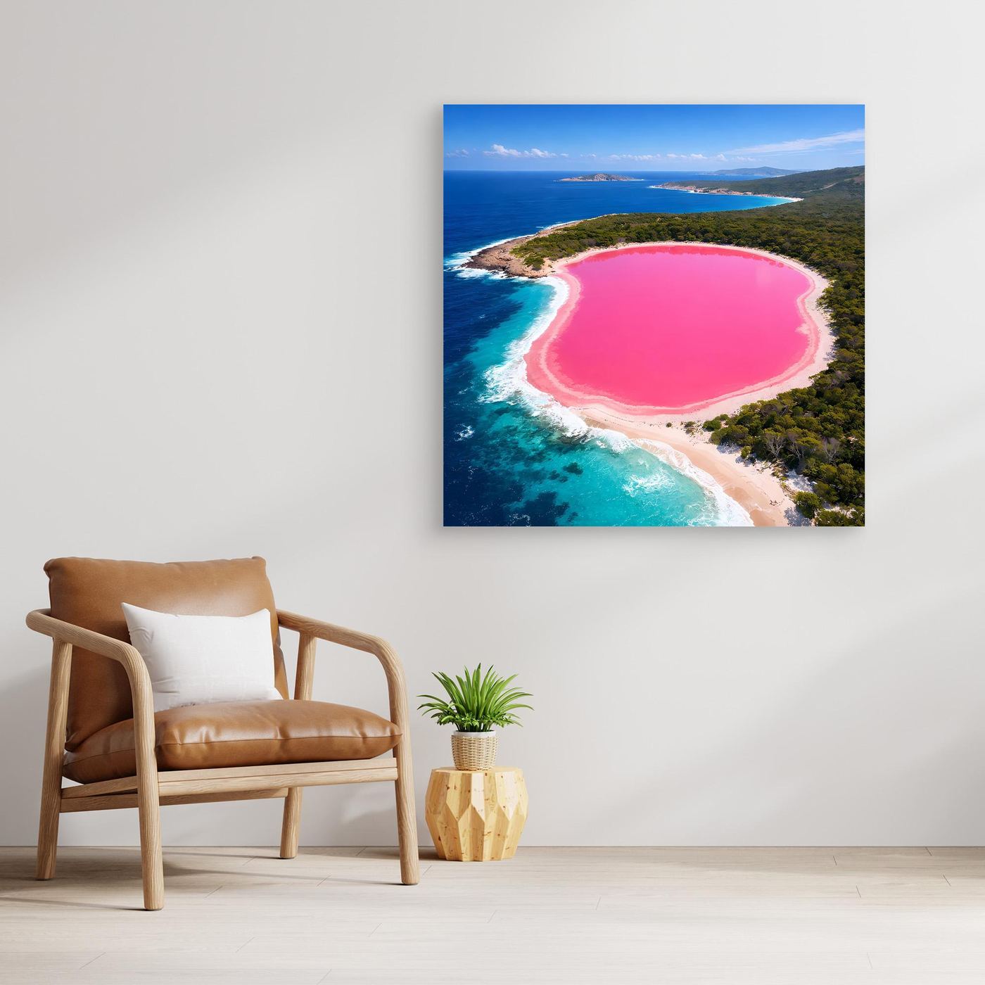 Leinwandbild: rosafarbener See mit Küstenrand und türkisblauem Meer