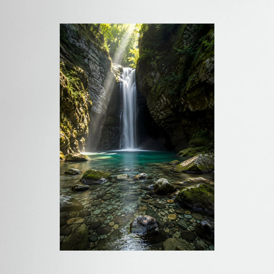 Hochformat-Poster mit Wasserfall im grünen Canyon und türkisfarbenem Naturpool
