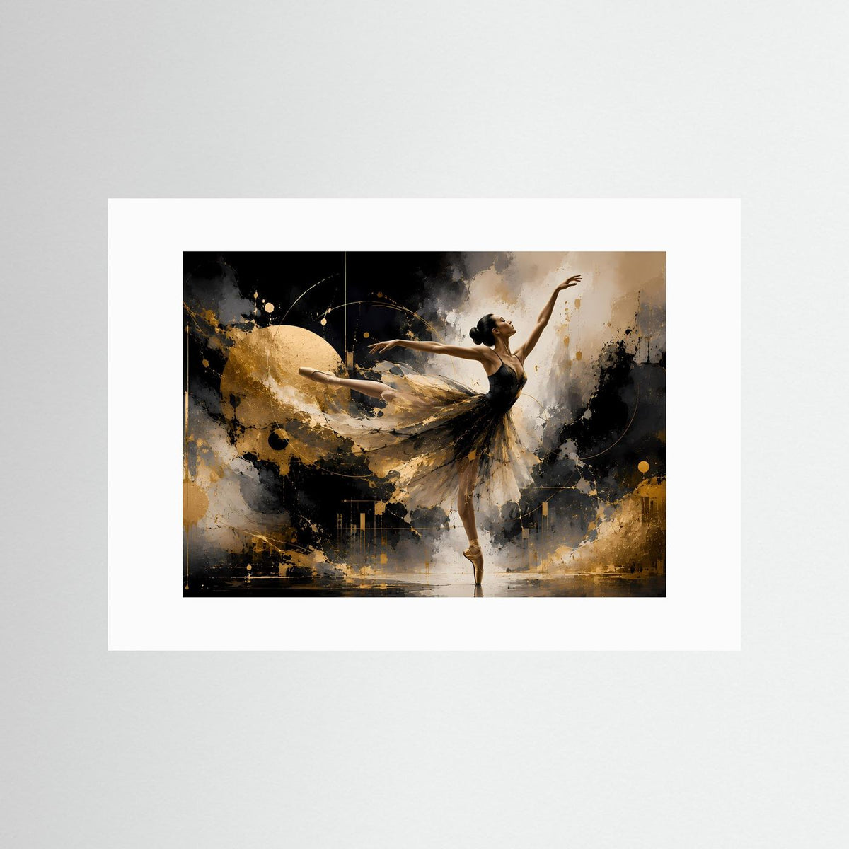Abstraktes Wandbild mit Ballerina in schwebender Pose, schwarz-goldener Effekt, weißer Rahmenbereich