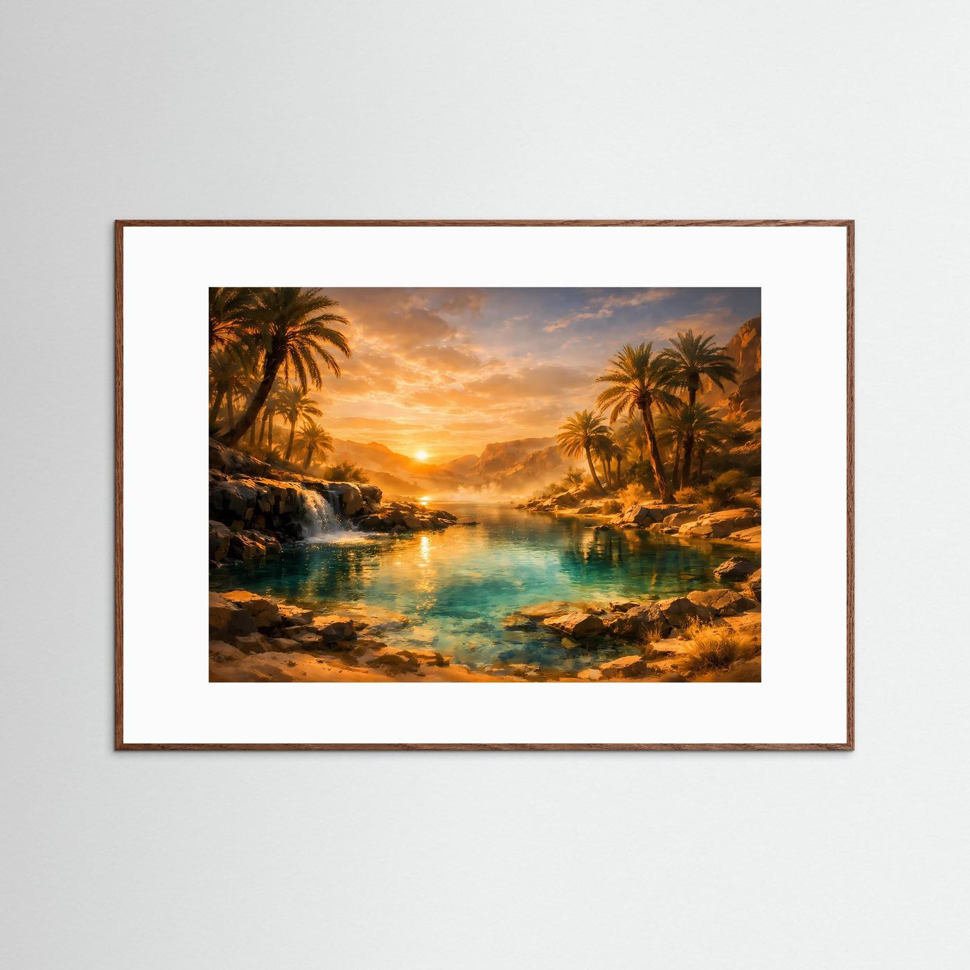 Traumhafte Oase im Sonnenuntergang | Palmen, Wasserfall & Wüste Poster Querformat