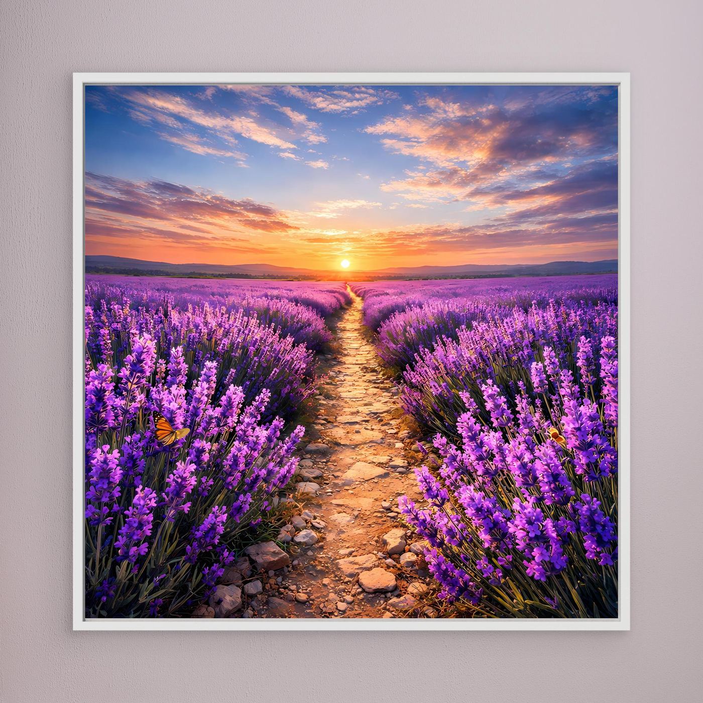 Leinwandbild mit Lavendelfeld und Sonnenuntergang, lila Blüten, weiß gerahmt
