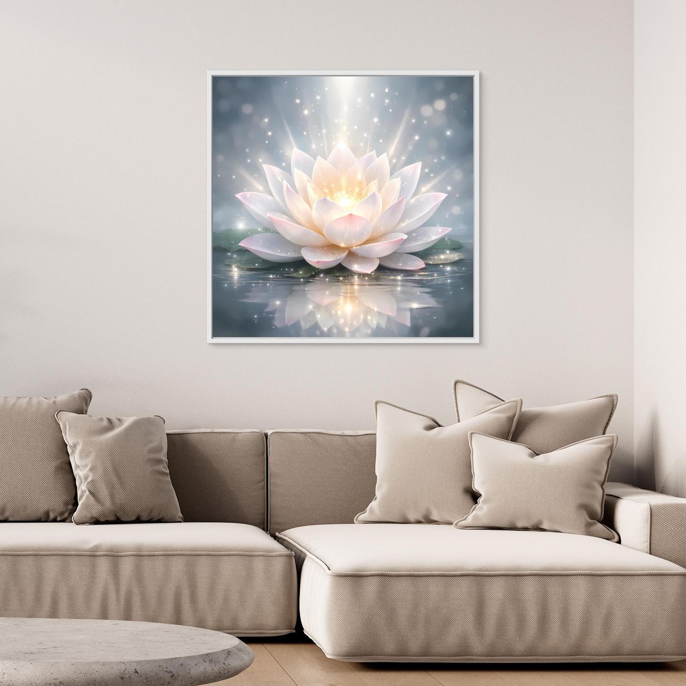 Leinwandbild mit leuchtender Lotusblüte im weißen Rahmen, hellrosafarbene Blütenblätter