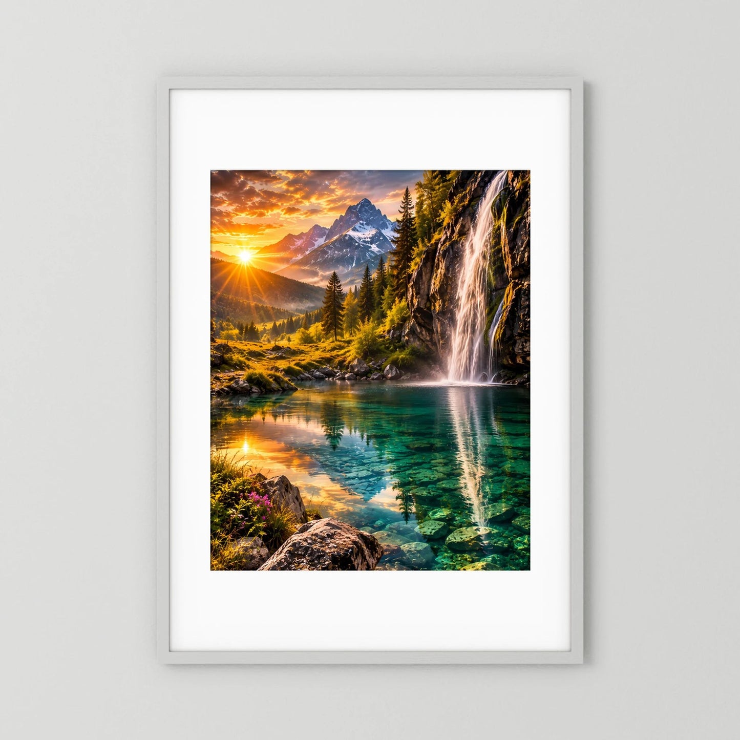 Hochformat-Poster im weißen Rahmen mit weißem Passepartout, Bergsee und Wasserfall