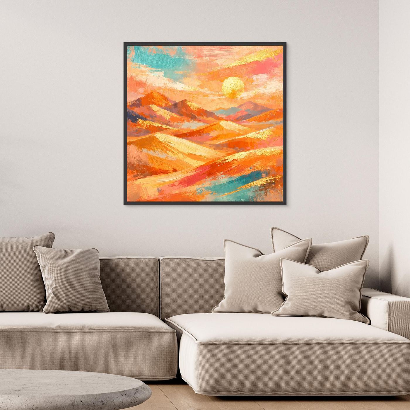 Quadratisches Leinwandbild: orange und türkis gemalte Wüstenlandschaft mit hellem Sonnenball