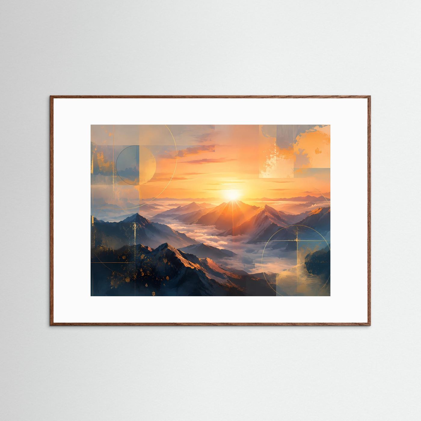 Abstrakte Berglandschaft im Sonnenaufgang | Majestätische Gipfel über dem Wolkenmeer in Gold, Orange & Tiefblau | Moderne Landschaftskunst
