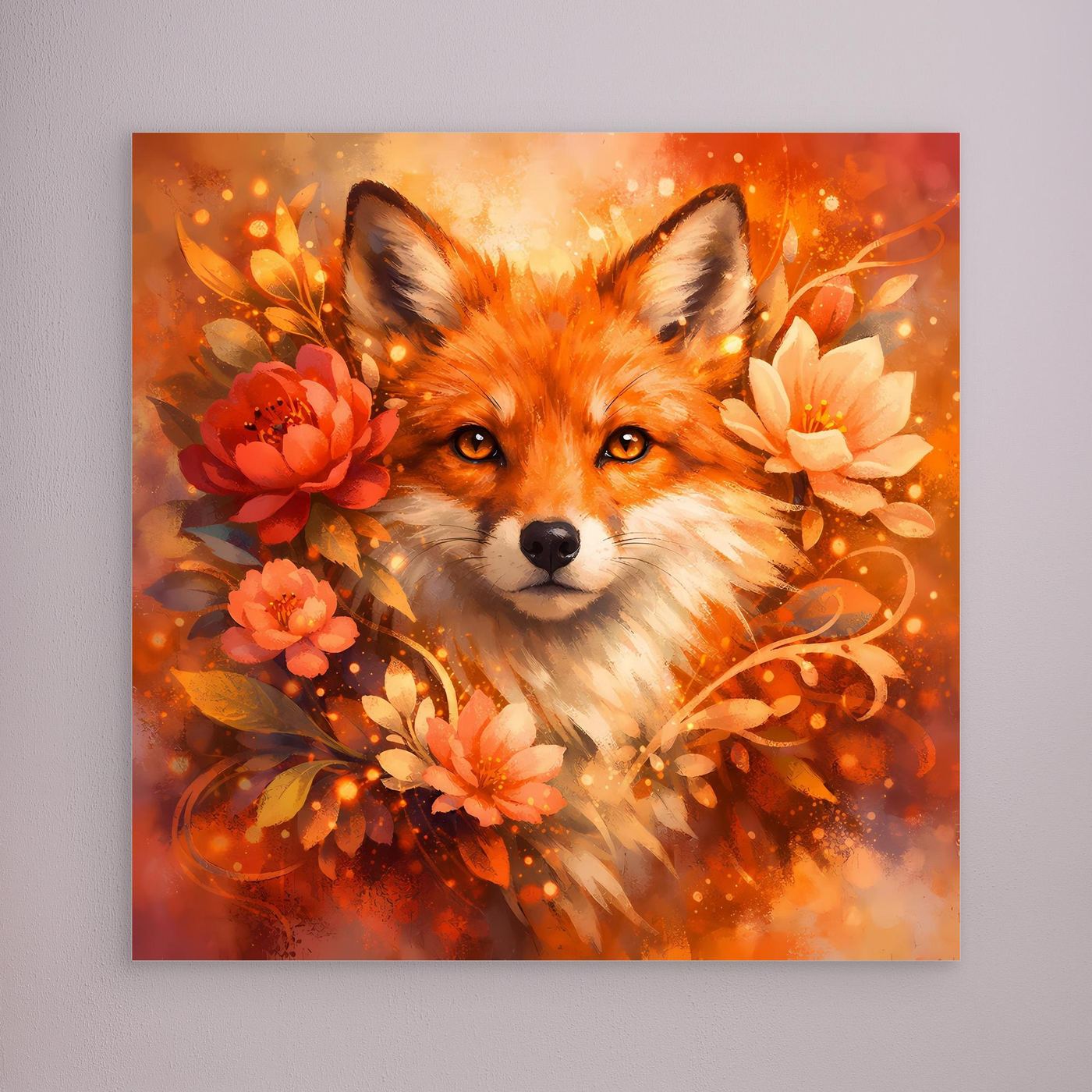 Leinwandbild mit Fuchs-Motiv und Blumenkranz im Orangeton, ohne sichtbaren Rahmen