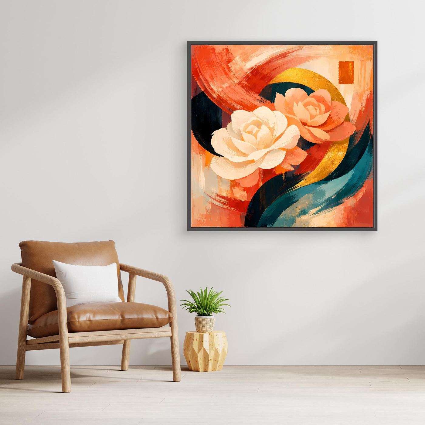 Leinwandbild mit abstrakten Rosen in warmem Orange und Creme, mit schwarzem Rahmen