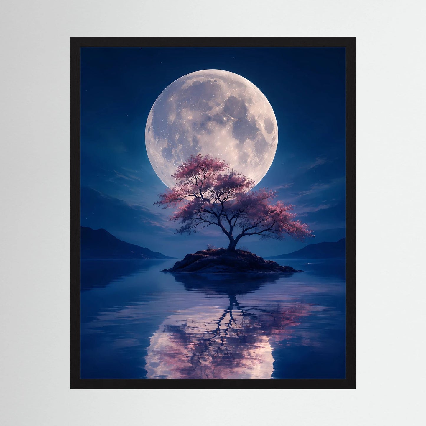 Gerahmtes Hochformat-Poster mit Vollmond, rosa blühendem Baum und Spiegelbild im See