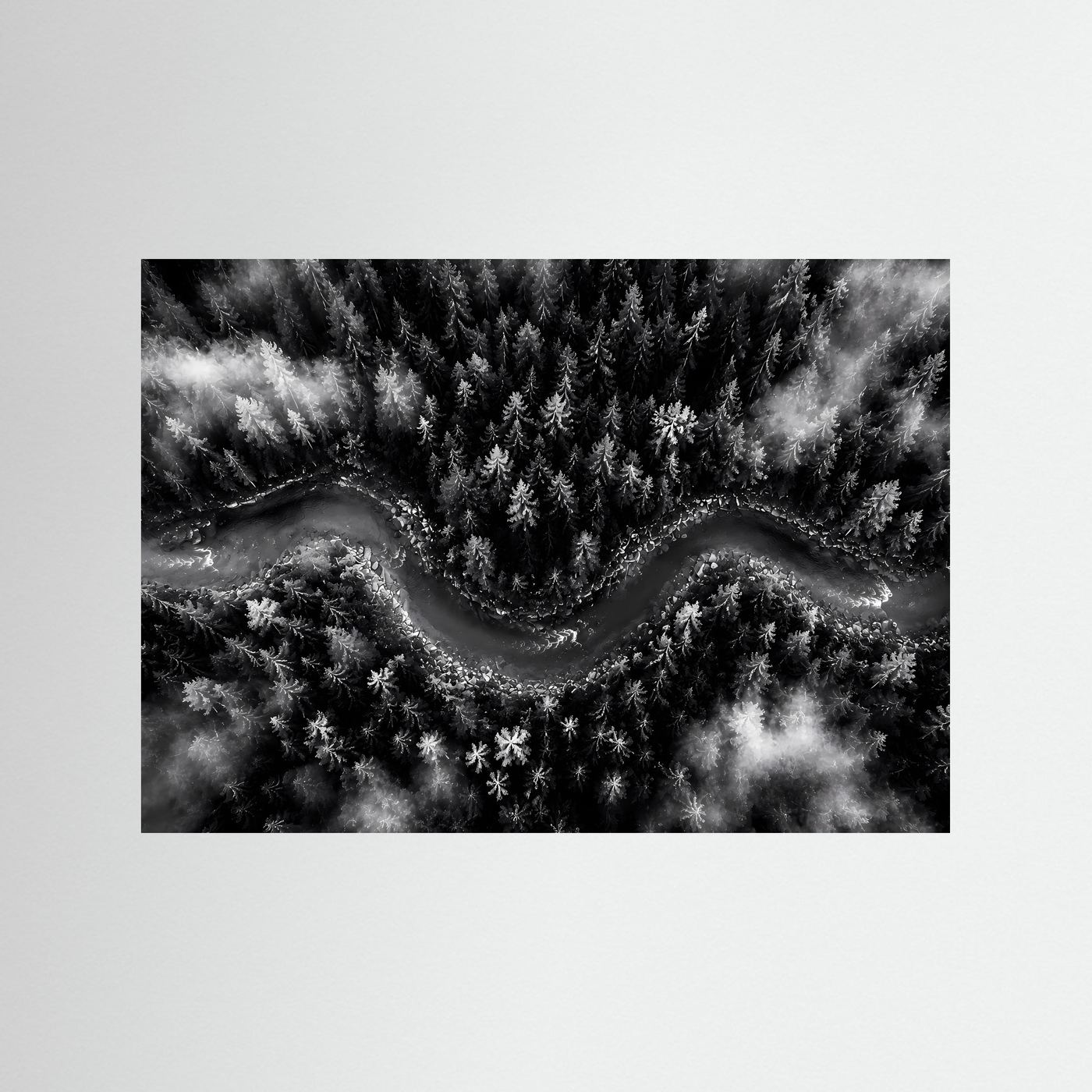 Mystischer Waldfluss im Nebel | Schwarz-Weiß Natur Landschaft – Modernes Poster Querformat