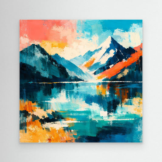 Leinwand-Wandbild abstrakte Bergwelt am See mit blau-grüner Landschaft und warmen Akzenten