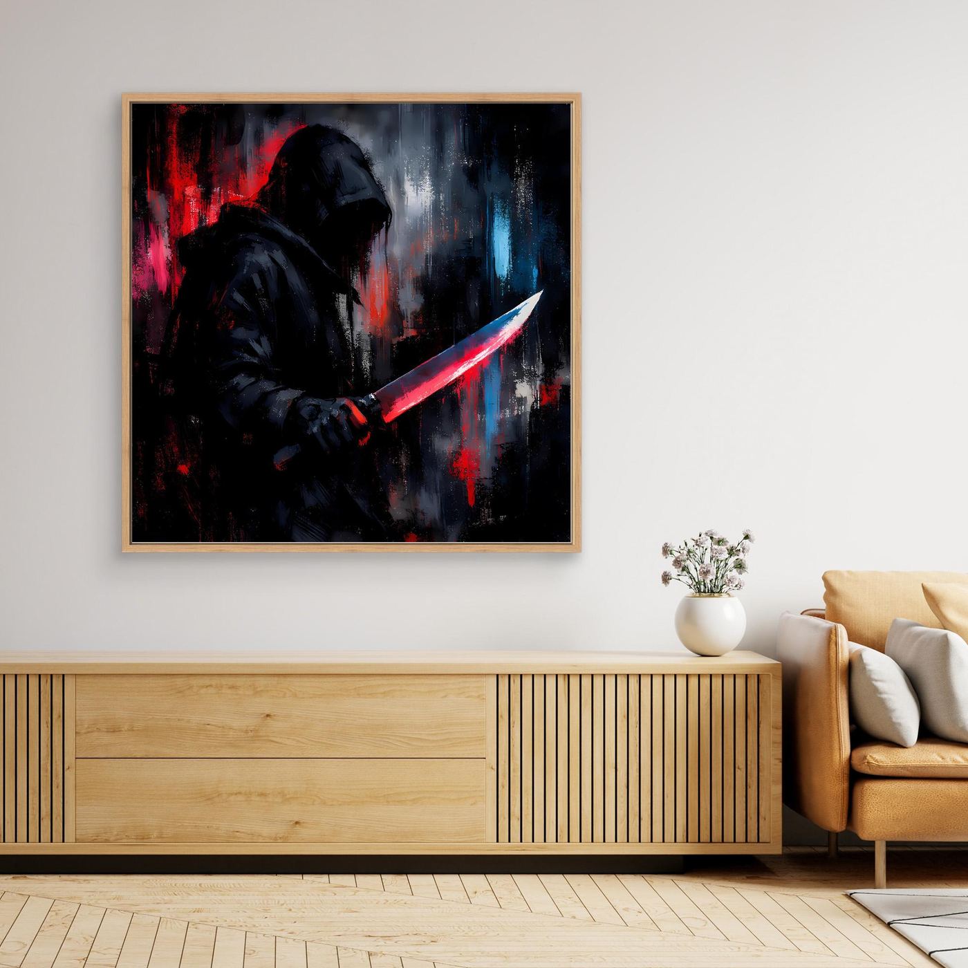 Gerahmtes Leinwand-Wandbild mit Schattenkrieger, leuchtendes Schwert in Rot und Blau