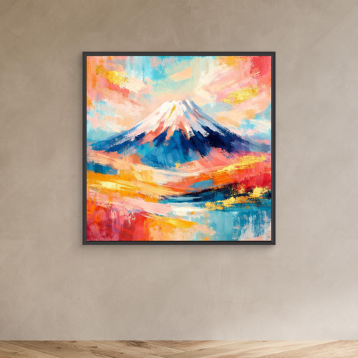 Gerahmtes Leinwandbild Mount Fuji, Farbflächen in Blau, Rot, Gelb und Orange