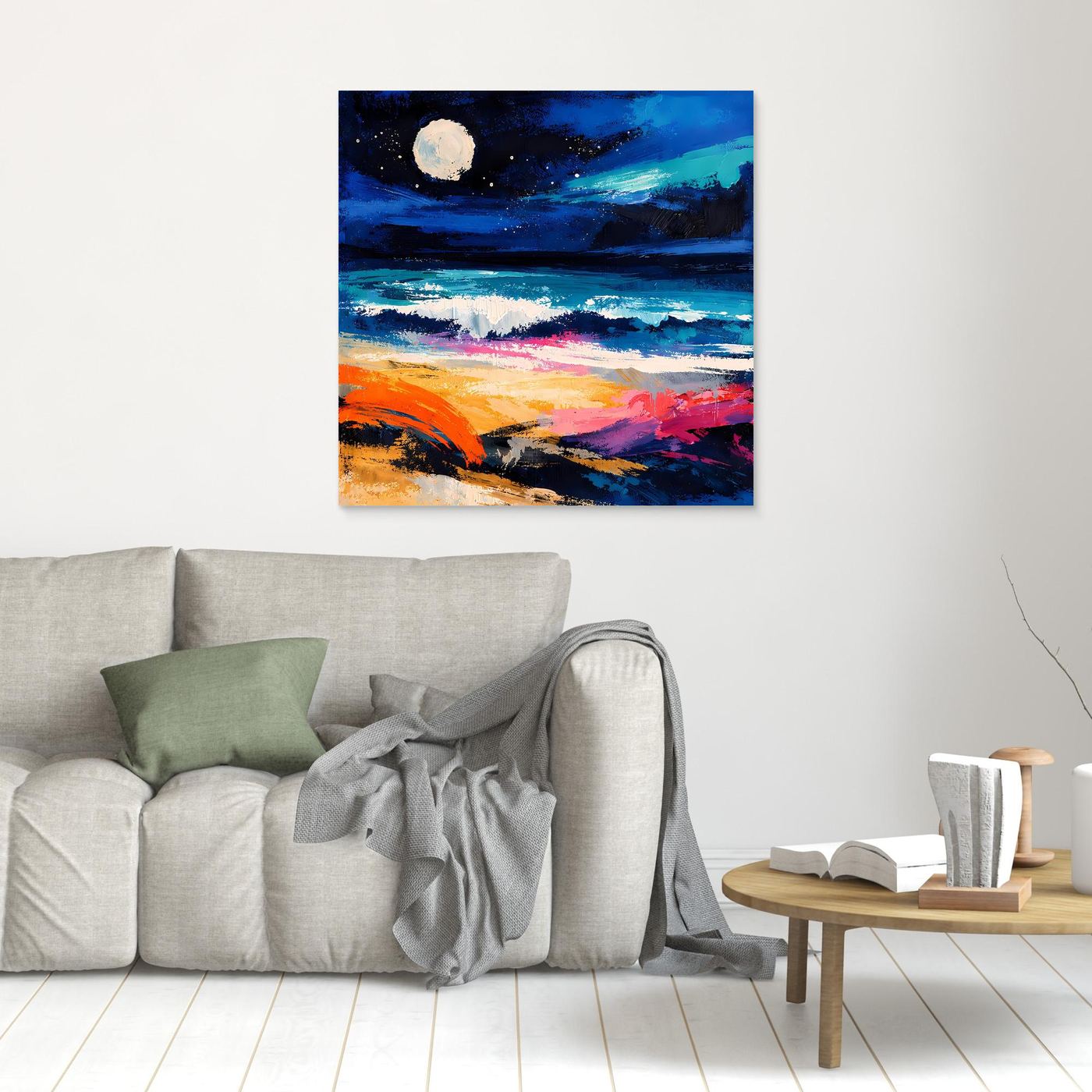 Kleines Wandbild mit abstraktem Küstenmotiv, Vollmond über Meer, blaue und orangefarbene Farbflächen, dünn gerahmt.