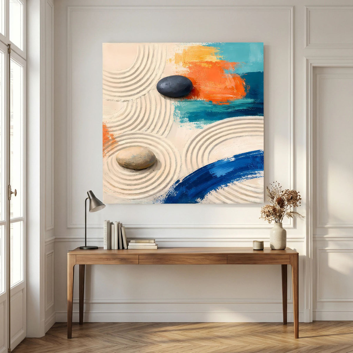 Leinwandbild mit Sandrelief, schwarzem Stein, orange- und blauem Farbverlauf