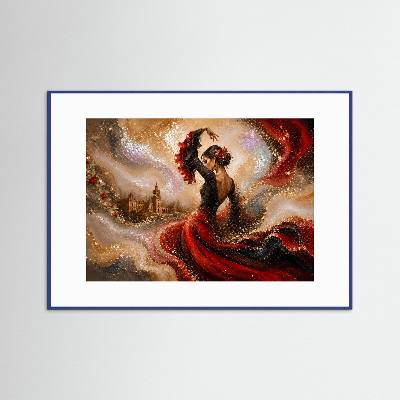 Wandkunst mit Flamenco-Tänzerin in Rot und Schwarz, goldene Deko, blauer Rahmen