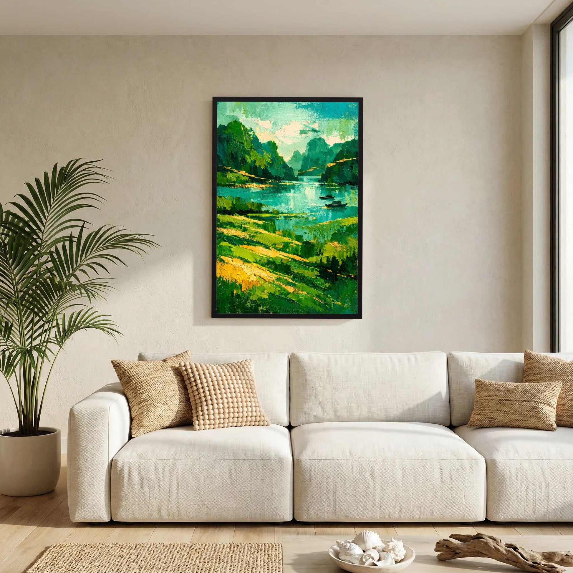 Kunstposter mit schwarzem Rahmen und weißen Rändern: grüne Flusslandschaft mit Booten