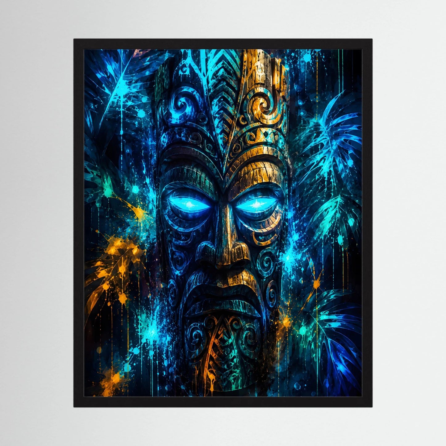 Gerahmtes Hochformat-Kunstposter mit leuchtender Tiki-Maske in Blau und Gold