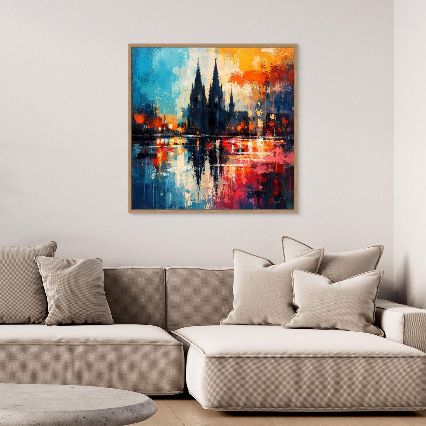 Abstraktes Leinwand-Wandbild mit Dom-Silhouette, reflektiert im Wasser, goldener Rahmen