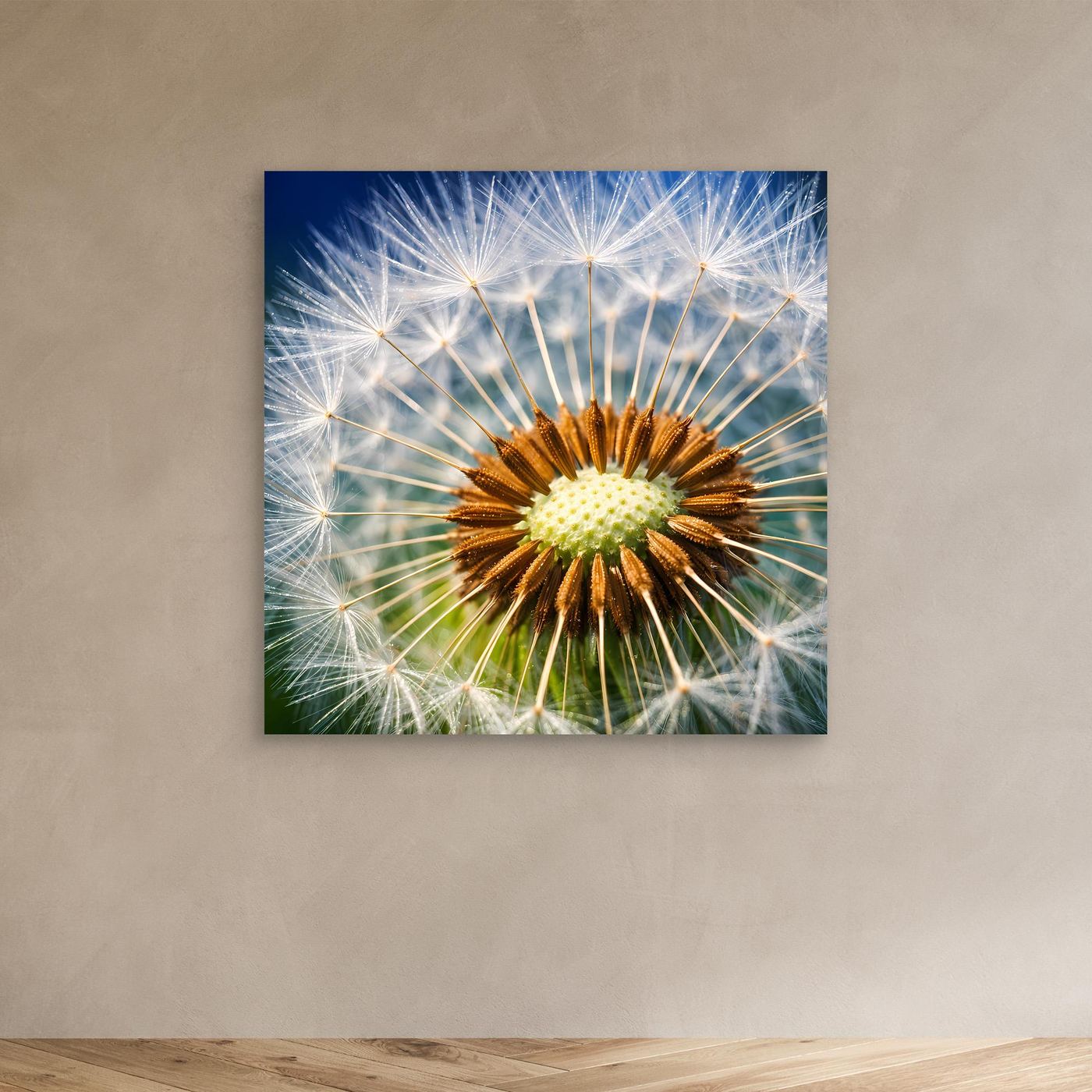 Leinwandbild Pusteblume-Makro mit weiß-gelber Pustendolde, kleines Format ohne Rahmen