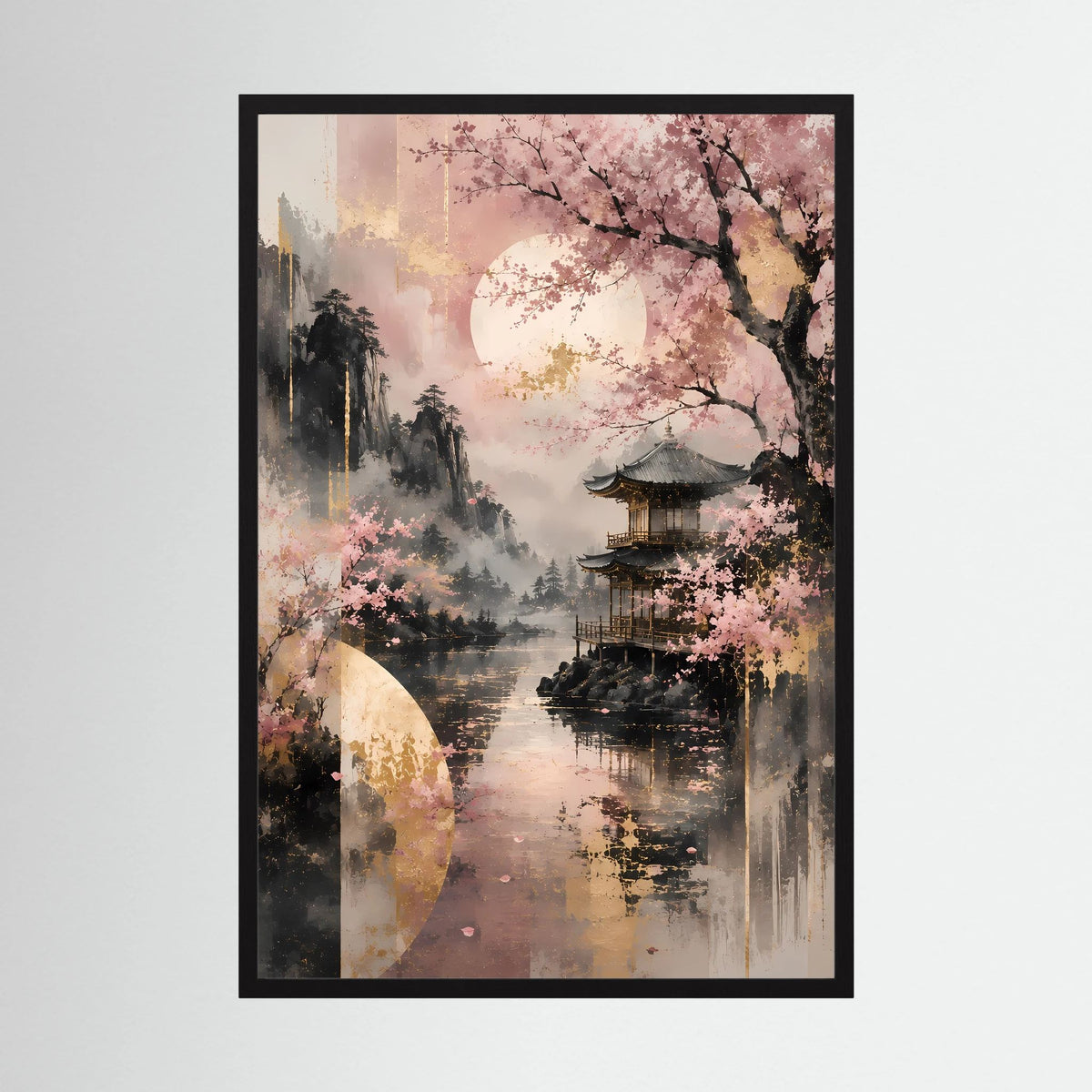 Poster im Hochformat mit Kirschblüten und japanischem Tempel am See, schwarzer Rahmen
