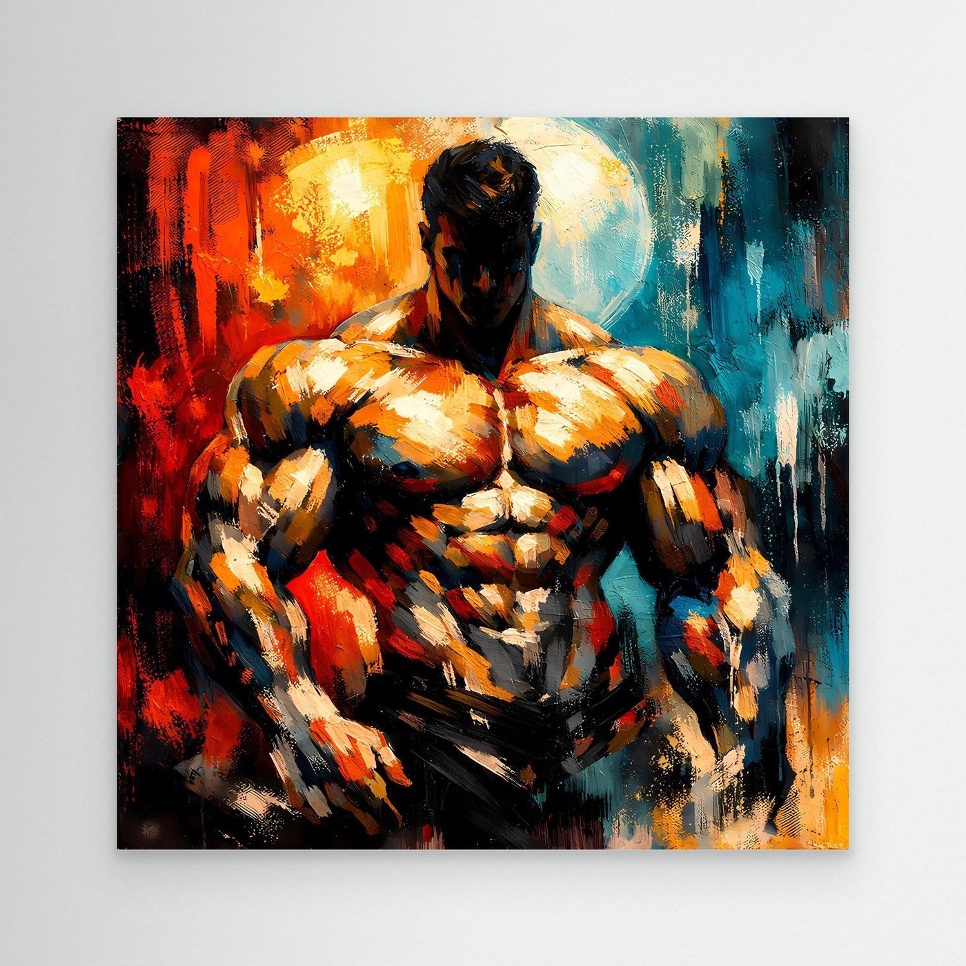 Leinwandbild mit abstraktem Bodybuilder, orange-blau, ohne sichtbaren Rahmen