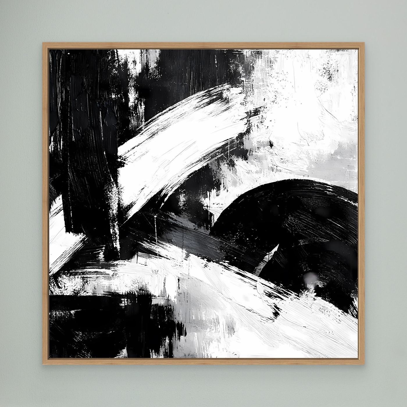 Leinwand-Wandbild mit abstrakten Schwarz-Weiß Pinselstrichen, Holzrahmen in Eiche
