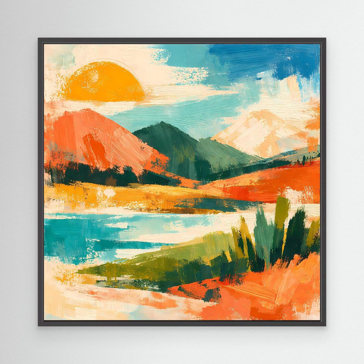 Gerahmtes Leinwandbild mit abstrakter See- und Berglandschaft, orange Sonne, schwarzer Rahmen