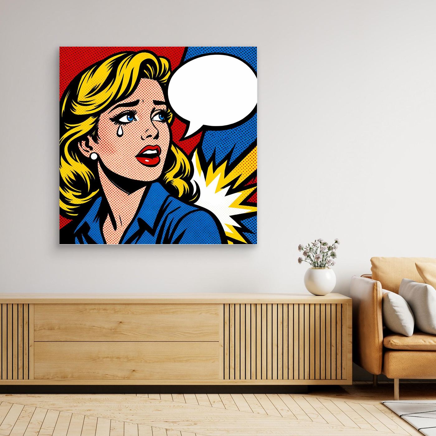 Leinwandbild im Pop-Art-Stil mit Frauenporträt, Sprechblase und gelbem Blitzmotiv