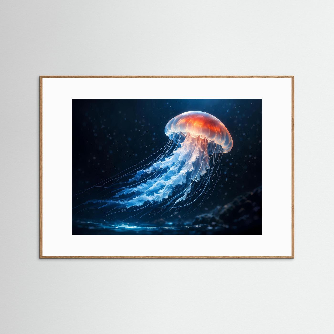 Gerahmtes Poster mit leuchtender Qualle im Tiefsee-Panorama, Querformat, naturfarbener Rahmen