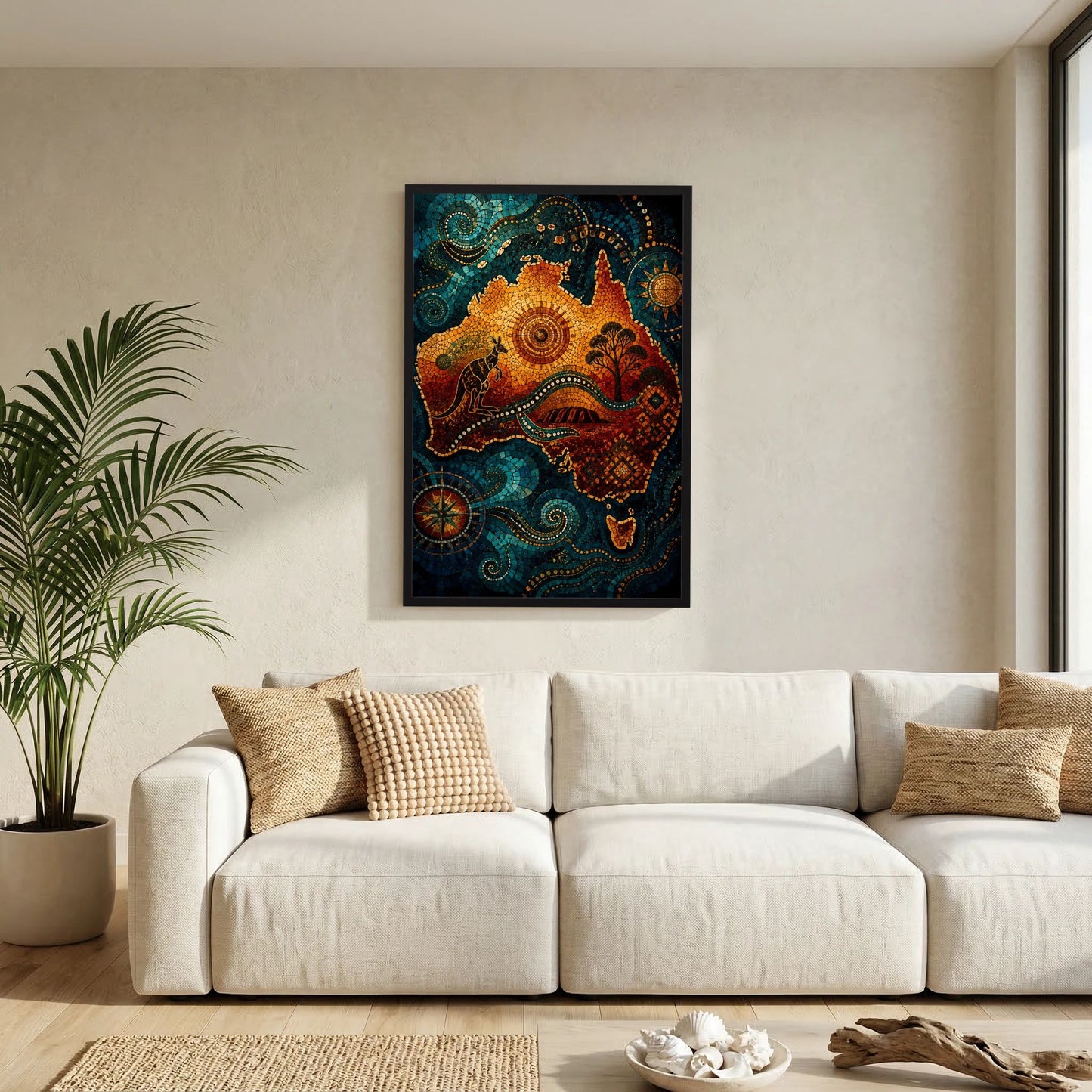 Gerahmtes Hochformat-Poster mit Känguru-Mosaik, Blau-Orange-Gestaltung