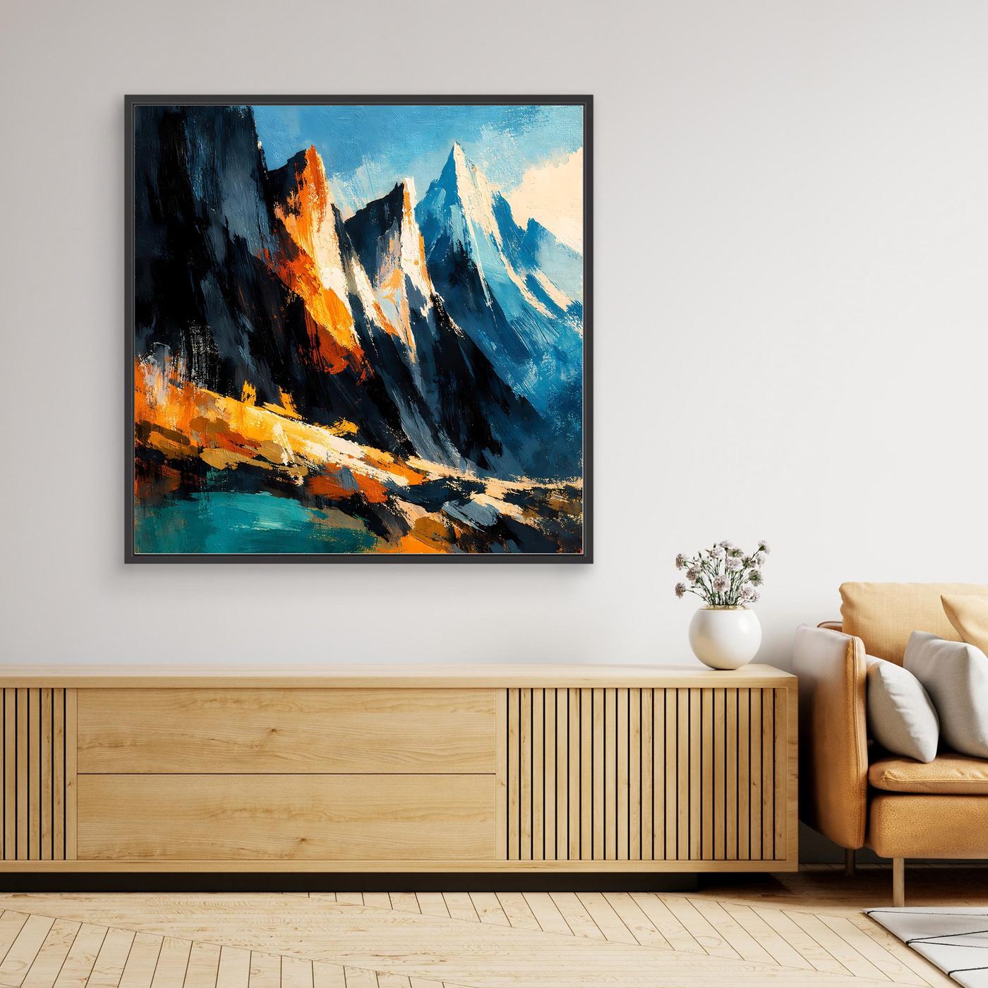 Leinwand-Wandbild: abstrakte Bergspitzen, blau/orange, schwarzer Rahmen