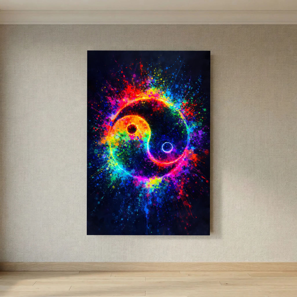 Yin-Yang-Hochformatposter: leuchtendes Regenbogenwirbel-Motiv mit dunklem Hintergrund