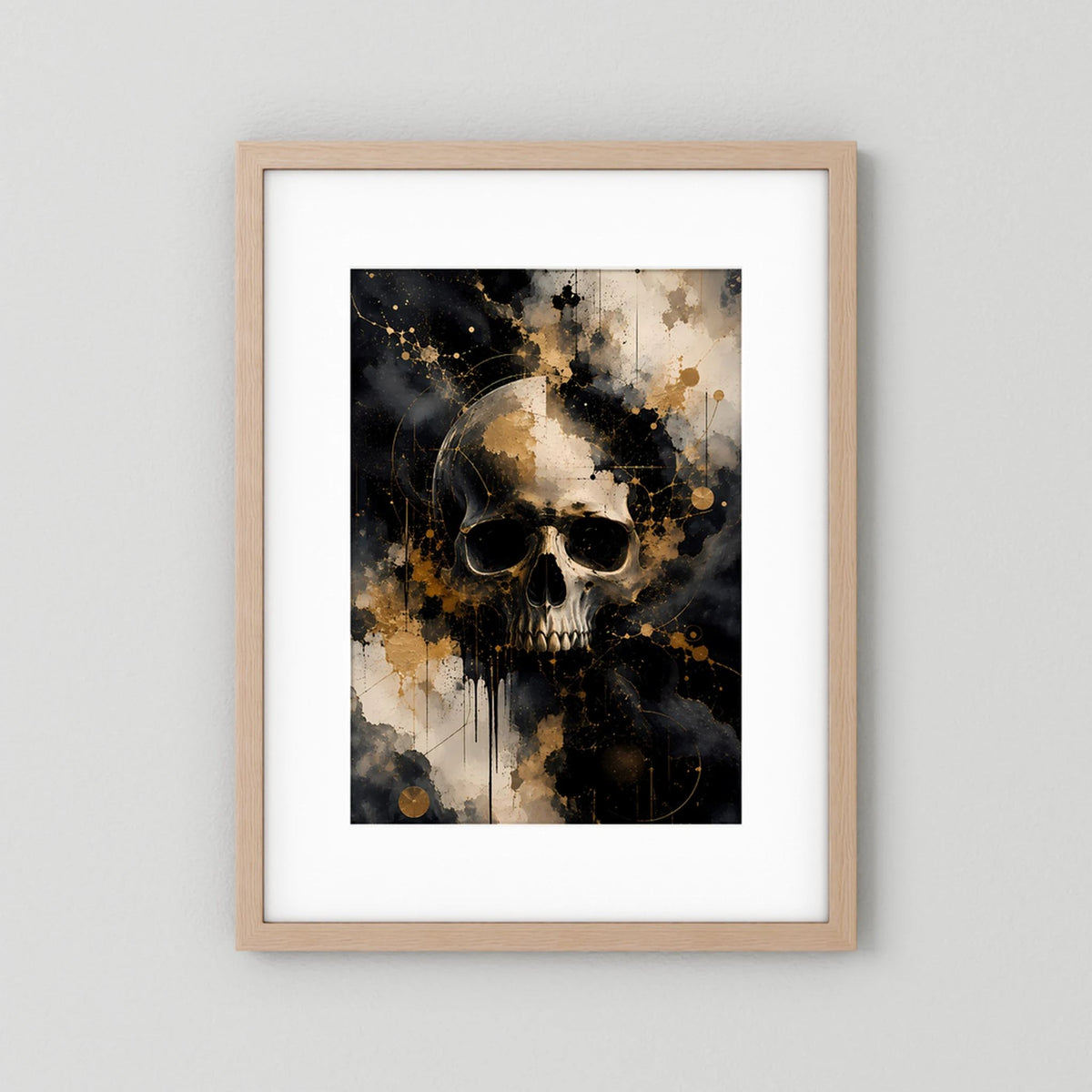 Eichenholzrahmen mit weißem Rand: Totenkopf-Poster im Hochformat, schwarz, weiß und gold