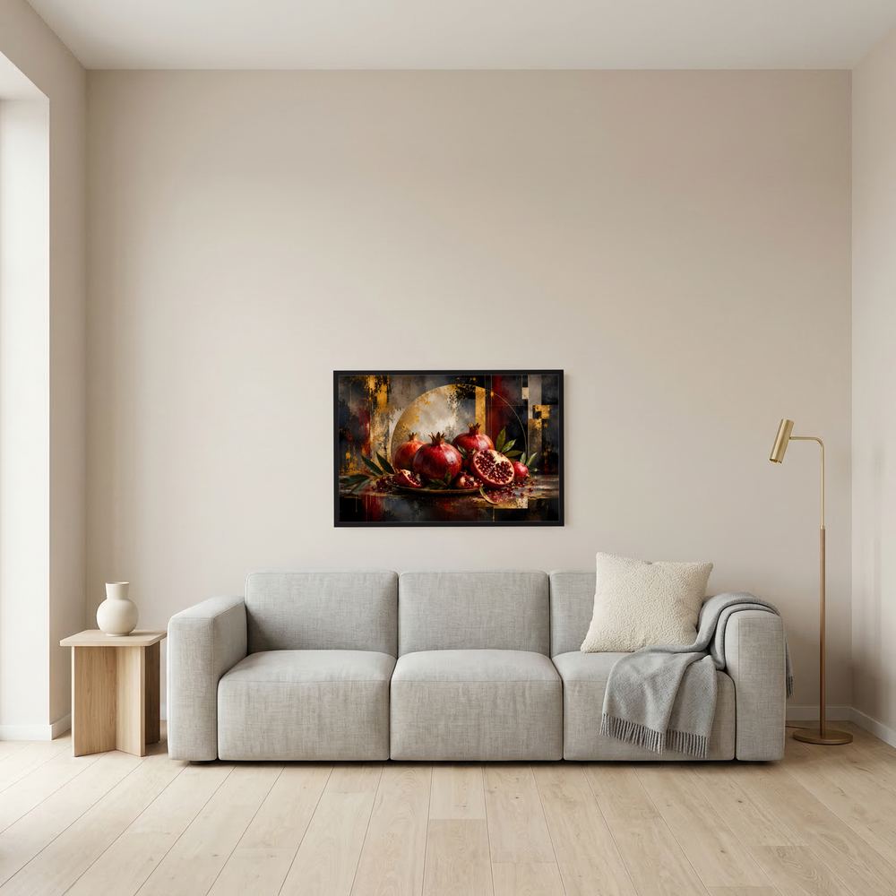 Wandposter mit Granatäpfeln in Rot und Gold, abstrakte Fruchtkunst, schwarz gerahmt