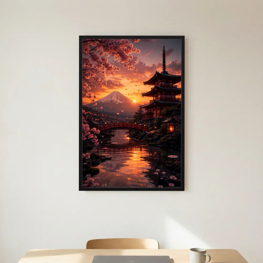 Hochformatiges Poster mit schwarzem Rahmen, japanischer Tempel am Fluss bei Sonnenuntergang