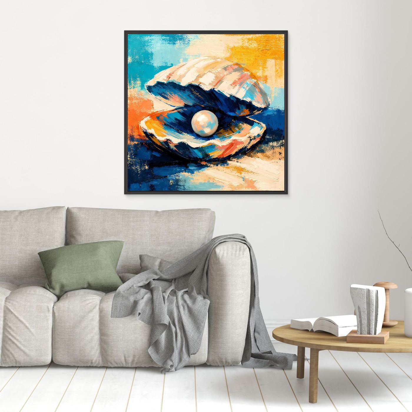Framed wall art featuring an abstract seashell with pearl in blue, orange, and cream
