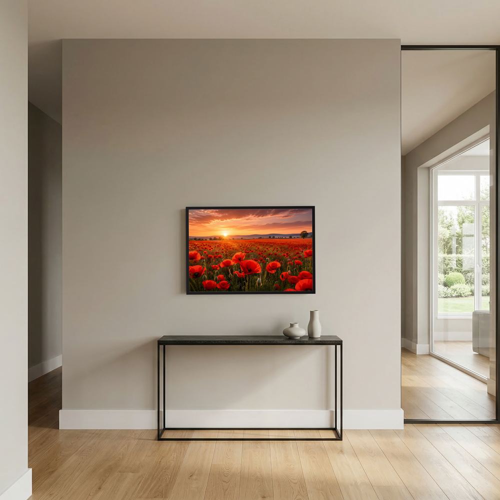 Poster mit rotem Mohnblumenfeld und Sonnenuntergang, schwarzer Rahmen an Wand
